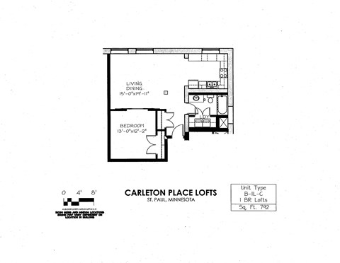 Floor plan for 1 bed, 1 bath, 792 sqft